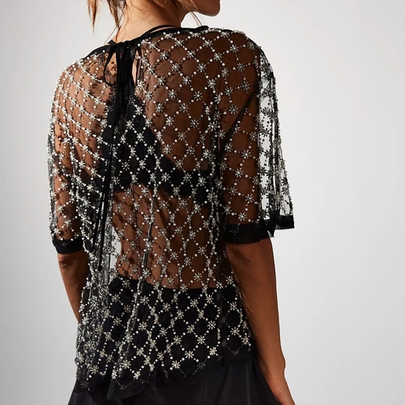 Free People Loir Embellished Top Black Large NWT - Picture 2 of 9